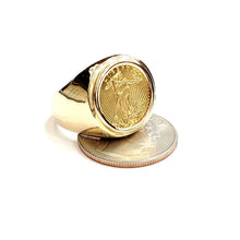 Load image into Gallery viewer, 14K Gold plain men's coin ring size 10 13.5g 5 dollars 1/10 oz 22k American eagle