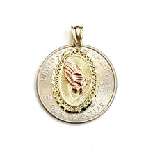 Load image into Gallery viewer, 10k two tone gold oval praying hands pendant charm diamond cut fine jewelry 1.8g