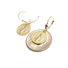 Load image into Gallery viewer, 14k Gold saint benito Earrings lever Back dangling religious fine jewelry 3.4g
