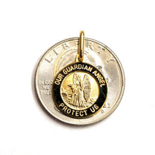 Load image into Gallery viewer, 14k yellow gold round Guardian angel pendant Angel De La Guarda charm 0.59" 2g

