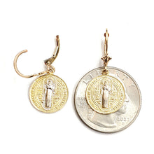 Load image into Gallery viewer, 14k Gold saint benito Earrings lever Back dangling religious fine jewelry 3.4g
