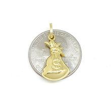 Load image into Gallery viewer, 14k yellow gold 3D hollow dollar sign money bag lucky pendant charm gift 1.4g
