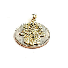 Load image into Gallery viewer, New 10k yellow gold khamsa hamsa hand lucky Jewish filigree pendant jewelry 1.5g
