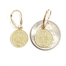 Load image into Gallery viewer, 14k Gold saint benito Earrings lever Back dangling religious fine jewelry 3.4g
