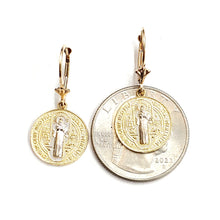 Load image into Gallery viewer, 14k Gold saint benito Earrings lever Back dangling religious fine jewelry 3.4g
