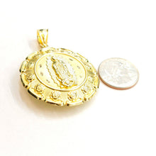 Load image into Gallery viewer, 10k yellow gold Hollow two sided Jesus &amp; virgin Guadalupe pendant 1.78" 18.8g
