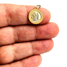 Load image into Gallery viewer, 14k yellow gold round Guardian angel pendant Angel De La Guarda charm 0.59" 2g
