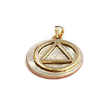 Load image into Gallery viewer, New 14k yellow Gold Alcoholics Anonymous circle triangle AA Symbol Pendant 2g
