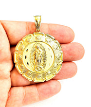 Load image into Gallery viewer, 10k yellow gold Hollow two sided Jesus &amp; virgin Guadalupe pendant 1.78" 18.8g
