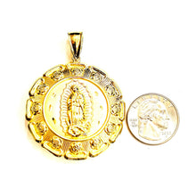 Load image into Gallery viewer, 10k yellow gold Hollow two sided Jesus &amp; virgin Guadalupe pendant 1.78" 18.8g
