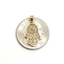 Load image into Gallery viewer, New 14k yellow gold khamsa hamsa hand lucky Jewish filigree pendant jewelry 0.9g
