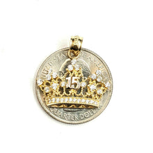 Load image into Gallery viewer, 14k yellow gold 15 Años 15 years crown pendant cubic zirconia fine jewelry 2.1g
