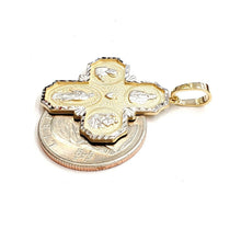 Load image into Gallery viewer, 14k 2 tone gold 4 four way saint medal pendant charm religious fine jewelry 3.7g
