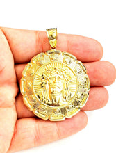 Load image into Gallery viewer, 10k yellow gold Hollow two sided Jesus &amp; virgin Guadalupe pendant 1.78" 18.8g
