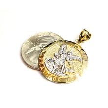Load image into Gallery viewer, 14k two tone gold Round saint Michael pendant 0.98" fine religious jewelry 3.9g
