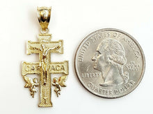 Load image into Gallery viewer, New 10k Yellow gold Caravaca double cross with angel crucifix Jesus pendant 2.4g
