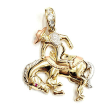 Load image into Gallery viewer, 14k tri color Gold horse rider cowboy rodeo Pendant charm CZ fine jewelry 15.6g

