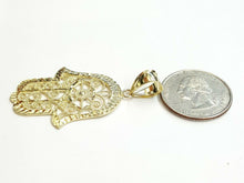 Load image into Gallery viewer, New 10k yellow gold khamsa hamsa hand lucky Jewish filigree pendant jewelry 3.8g
