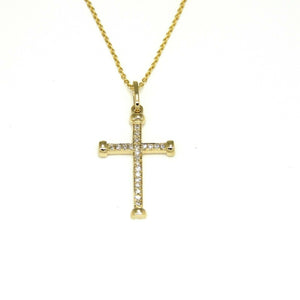 14k yellow Gold 0.08Ct Round Diamond cross necklace pendant 18" adjustable chain