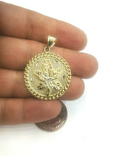 Load image into Gallery viewer, 10k yellow gold round marijuana leaf pendant charm cubic Zirconia 1.18" 6.6g
