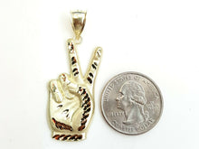 Load image into Gallery viewer, 10k yellow gold victory sign peace hand gesture pendant unisex diamond cut 3.3g
