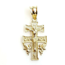 Load image into Gallery viewer, New 10k Yellow gold Caravaca double cross with angel crucifix Jesus pendant 1.6g
