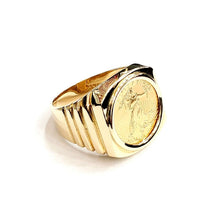Load image into Gallery viewer, 14K Gold men's coin ring 12.9g 5 dollars 1/10 oz 22k American eagle size 10.25

