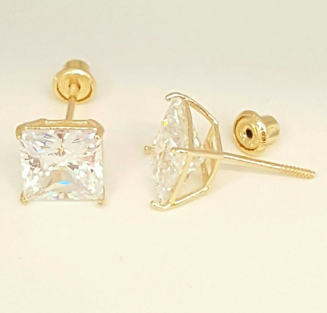 14k yellow Gold 6mm princess Cut stud Earring with cubic zirconia screw Back