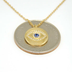 14k yellow gold 0.17ct diamond sapphire evil eye necklace 18" adjustable chain