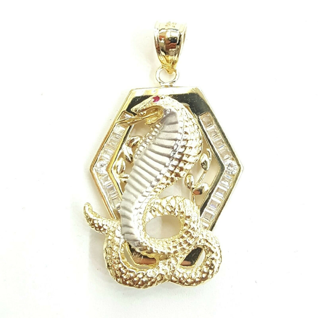 New 14k two tone Gold cobra snake Pendant charm fine jewelry 3D red eye 9.3g