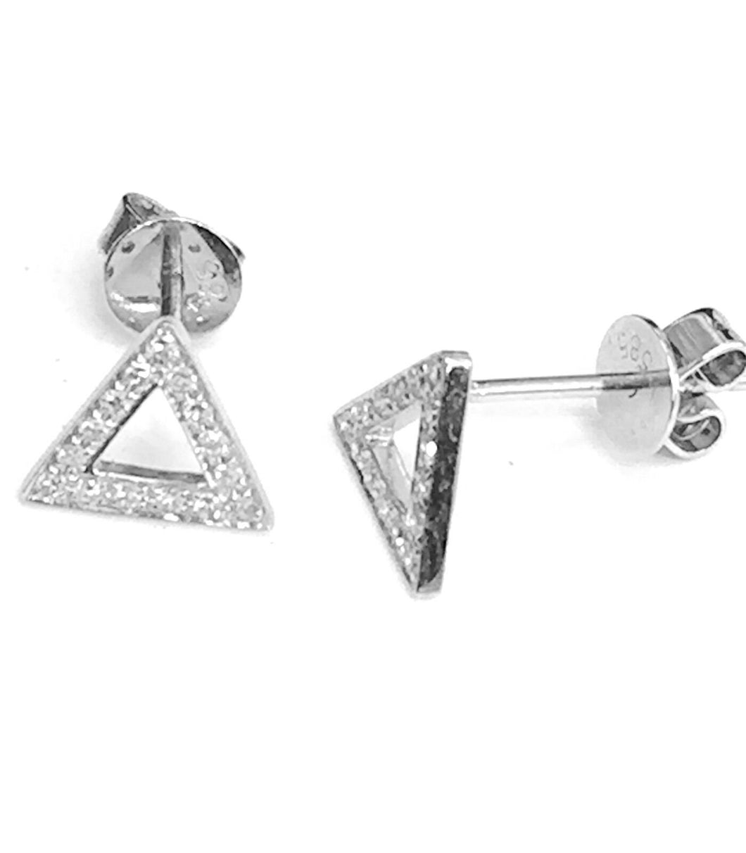 14k White Gold 0.10 Ct Round Cut Diamond Triangle Earrings Push Back Fastening