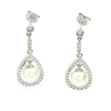 Load image into Gallery viewer, 14k White Gold 6mm pearl and zirconia Earring push back hanging fine gift 2.9g
