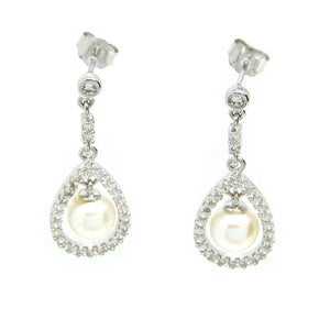 14k White Gold 6mm pearl and zirconia Earring push back hanging fine gift 2.9g