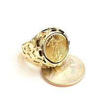 Load image into Gallery viewer, 14K Gold nugget coin ring size 10.5 14.4g 5 dollar 1/10 oz 22k American Eagle
