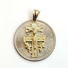 Load image into Gallery viewer, New 10k Yellow gold Caravaca double cross with angel crucifix Jesus pendant 1.6g
