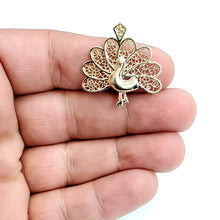 Load image into Gallery viewer, 14k yellow gold peacock pavo real bird filigree pendant charm fine jewelry 3.8g
