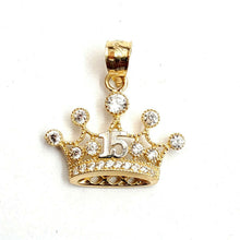 Load image into Gallery viewer, 14k yellow gold 15 años 15 years crown pendant cubic zirconia jewelry 1.8g
