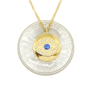 14k yellow gold 0.17ct diamond sapphire evil eye necklace 18" adjustable chain