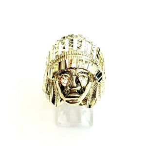 10k yellow gold native American Indian chief head mens Ring diamond cut Size 9.5