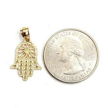 Load image into Gallery viewer, New 14k yellow gold khamsa hamsa hand lucky Jewish filigree pendant jewelry 1.2g

