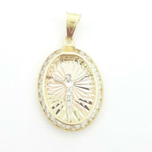 Load image into Gallery viewer, 14k solid tri color gold oval jesus pendant charm cubic zirconia fine gift 1.1g
