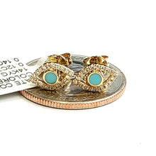 Load image into Gallery viewer, New 14k yellow Gold 0.12Ct Diamond 0.14ct turquoise eye stud Earrings Push Back
