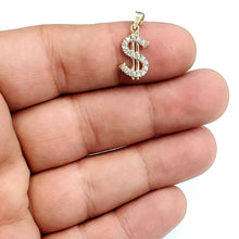 Load image into Gallery viewer, 14k yellow gold tiny dollar sign lucky pendant charm cubic zirconia fine gift 1g
