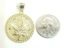 Load image into Gallery viewer, 10k yellow gold round marijuana leaf pendant charm cubic Zirconia 1.18" 6.6g
