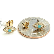 Load image into Gallery viewer, New 14k yellow Gold 0.12Ct Diamond 0.14ct turquoise eye stud Earrings Push Back
