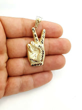 Load image into Gallery viewer, 10k yellow gold victory sign peace hand gesture pendant unisex diamond cut 3.3g
