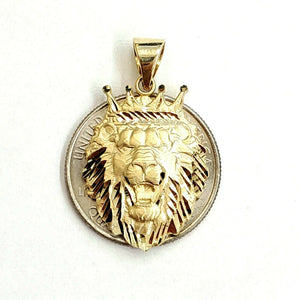 14k yellow Gold lion head face crown Leo zodiac Pendant charm fine jewelry 4g
