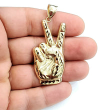 Load image into Gallery viewer, 10k yellow gold victory sign peace hand gesture pendant unisex diamond cut 4.9g
