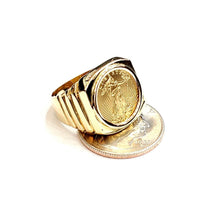 Load image into Gallery viewer, 14K Gold men's coin ring 12.9g 5 dollars 1/10 oz 22k American eagle size 10.25
