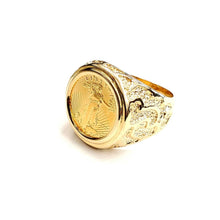 Load image into Gallery viewer, 14K Gold nugget mens coin ring size 10 12g 5 dollars 1/10 oz 22k American eagle
